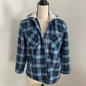 Blue Plaid Hooded Jacket Boys Large Sherpa Lined Flannel Shacket Outdoor Casual